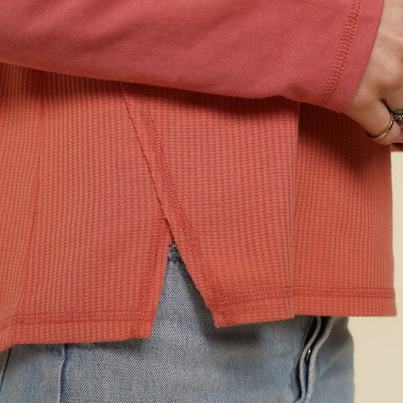 MYSTREE Waffle Knit Thermal Long Sleeve Top, Coral Pink, Casual Cozy Basic - Picture 7 of 7